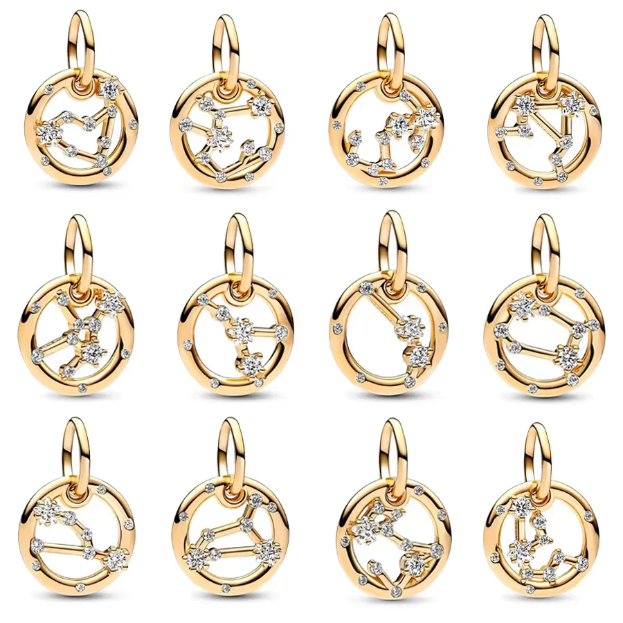 Gold Plated 12 Zodiac Signs Dangle Cancer Gemini Scorpio Charm Bead Fit Original Silver 925 Pandora Bracelet Women Jewelry Gift