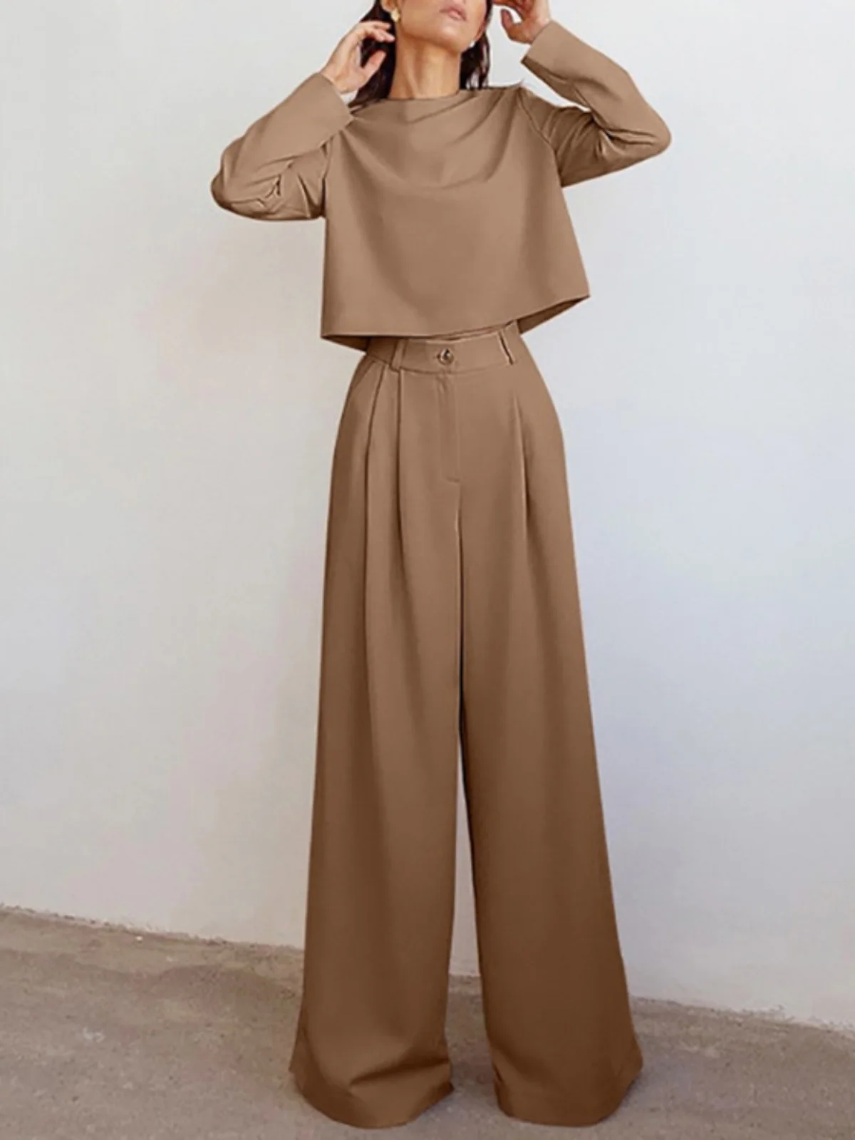 ロング丈トップスとワイドレッグパンツのセット、ストリート系、ハイウエスト、シンプルデザイン、カジュアルパンツ、レディース、秋シーズン、レギュラー、薄手