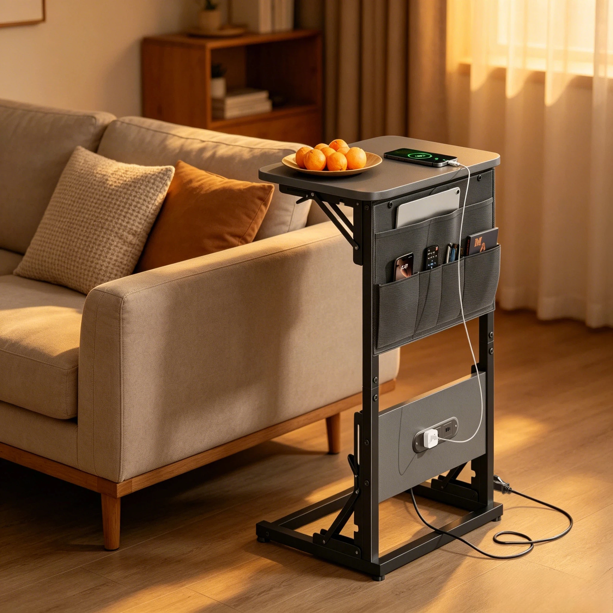 FRODROVIA Folding Side Table with Builtin Power Outlet, C Shaped End Table with Fabric Storage Pocket, Waterproof EasytoClean Tabletop, Adjustable Spiral Feet, Available in Black White Brown for Sofa Bedroom Home Office