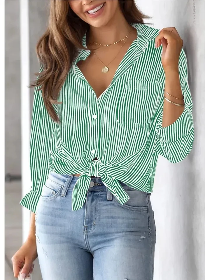 

Women's Classic Striped Long Sleeve Buttoned Shirt Spring Autumn Fashion Pocket Lapel Loose Casual Female Office Work Shirt Tops