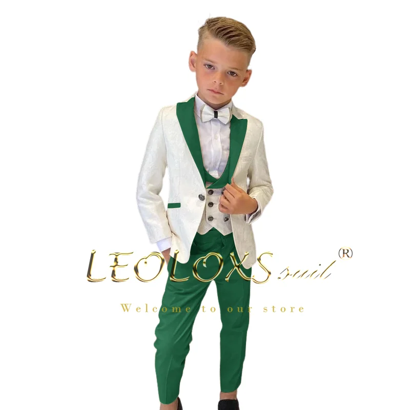 Boys\' Floral Jacquard Wedding Tuxedo 3 Piece Set: Double Breasted Vest, Blazer and Trousers Children\'s Custom Suit Set