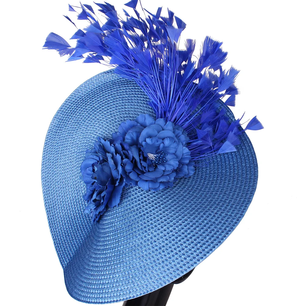 

Royal Blue Big Fascinator Fedora Hats Derby Tea Feather Bride Wedding Headwear Gorgeous Headpiece With Flower Hair Accessories