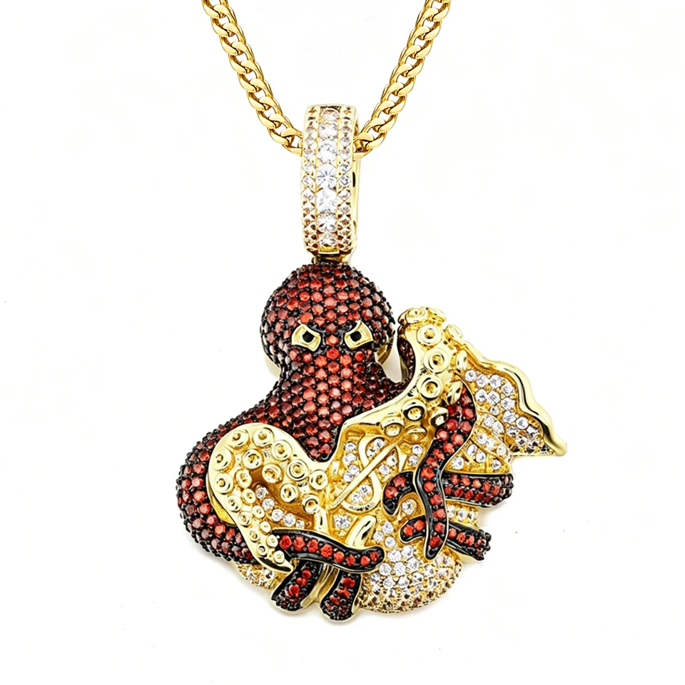 VANAXIN Iced Out Octopus Pendant 14K Gold Plated Hip Hop Necklace Micro Pave CZ Bling Streetwear Jewelry for Men Women