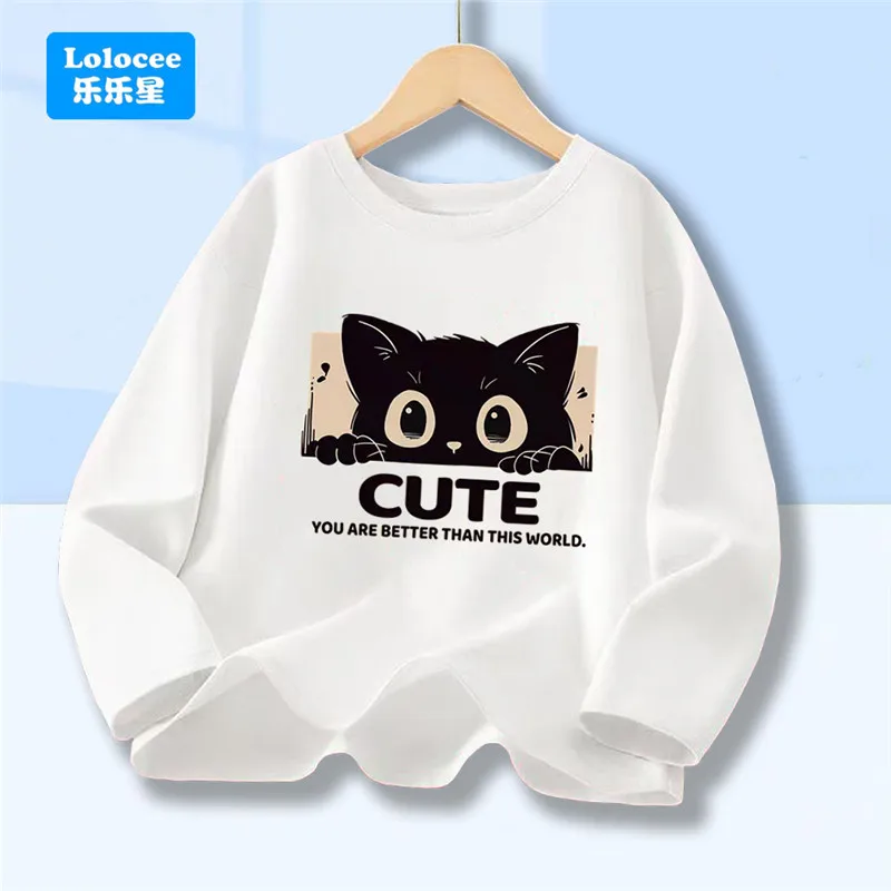 

Kids Spring Autumn Long Sleeved Black Cat Design Shirt Funny T Shirt Boys' Casual T-Shirt Crew Neck Top Tee MKA1