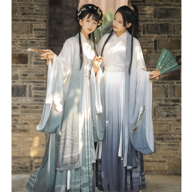 Modern Hanfu Adult Men Women Costume Weijin Dynasty Chinese Style Ancient Cosplay Student Clothes Couples Matching Printing Suit