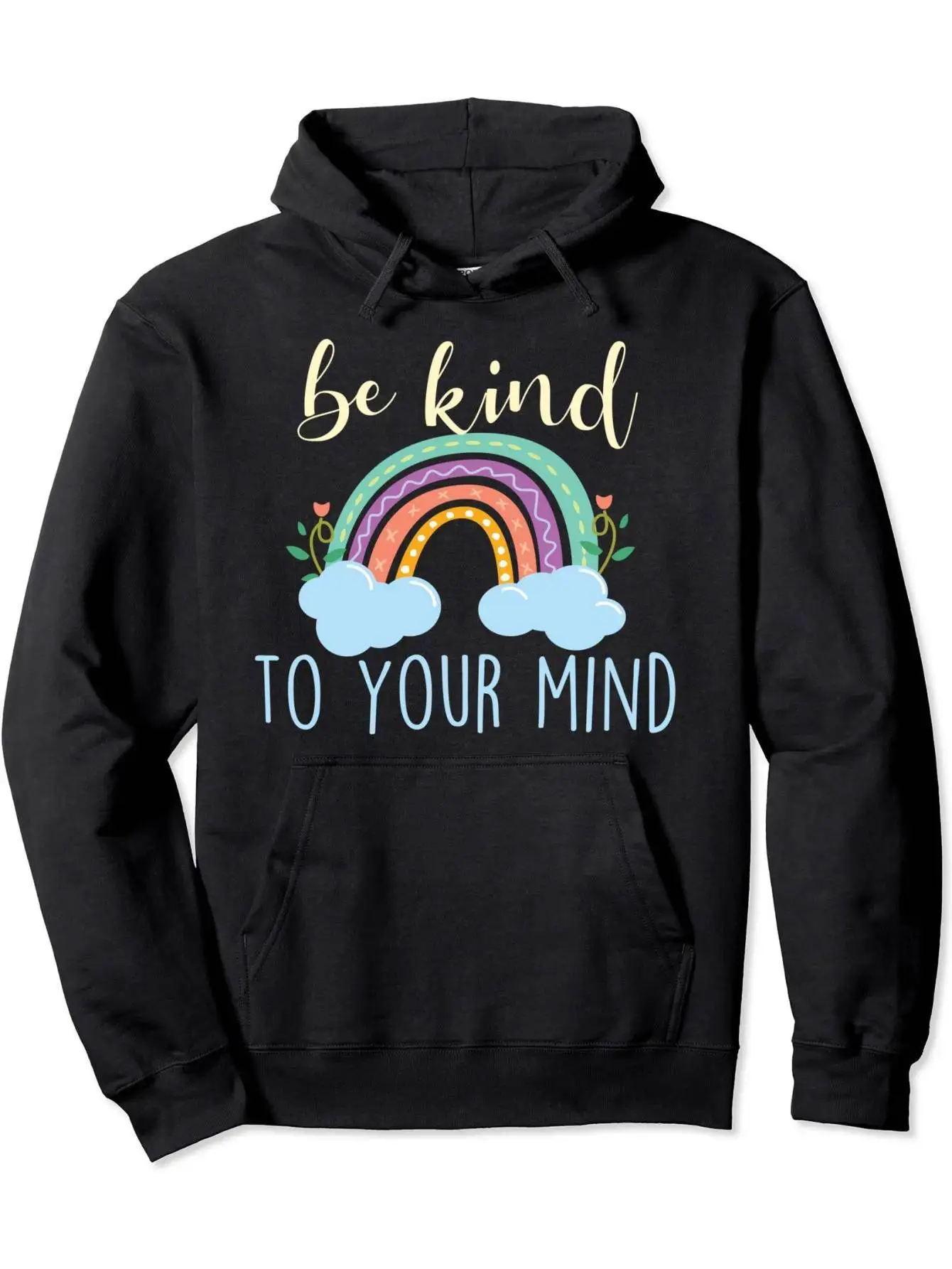 

Be kind to the heart, health conscious hoodie - black 3D printed rainbow and butterfly pattern, 60% cotton 40% polyester blend,
