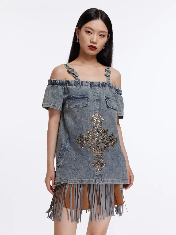 

Fashionable Tassel Trim Denim Skirt Set with One Shoulder Strap Top TYTD Spring Summer New Arrival Versatile Stylish Ensemble