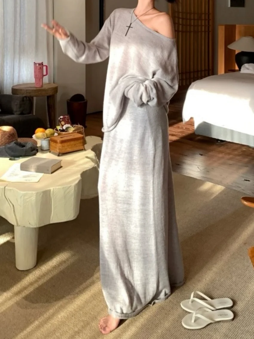 Alien Kitty 캐주얼 게으른 스타일 투피스 정장 여성 느슨한 부드러운 OL 봄 2025 니트 오프 숄더 스웨터 맥시 스커트