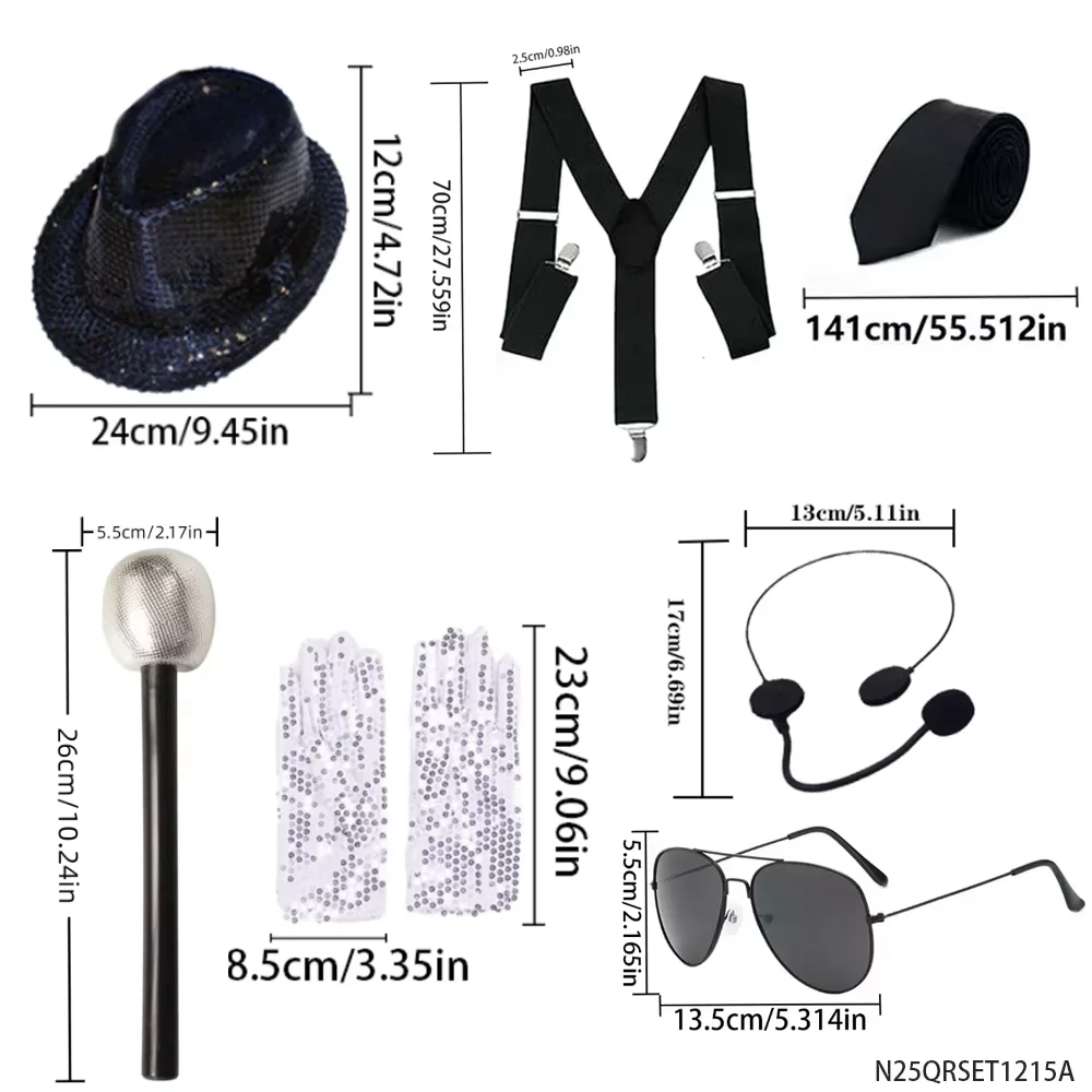PESENAR Conjunto de fantasia retrô dos anos 90, lantejoulas, chapéu fedora, suspensórios, gravata, microfone, luvas, óculos, acessório de festa