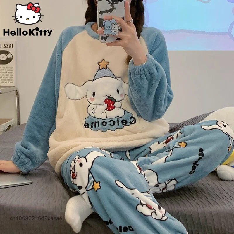 Sanrio Cinnamoroll Nieuwe Thuis Kleren Y2k Pluizige Pyjama Tops Broek 2 Delige Set Vrouwen Pluche Nachtkleding Pak Vrouwelijke Bijpassende Oufits