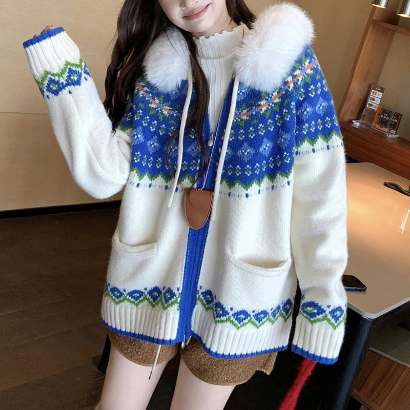Jacquard Wool Collar Hooded Knitted Cardigan Winter New Fashion Korean Version Sweet Cute Loose Lazy Style Sweater for Women