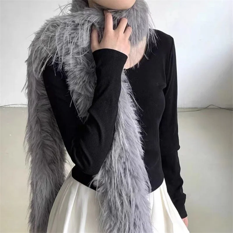 Korean Designer Runway Style Thick Scarf Fashionable Plush Long Strip Scarf Women\'s Imitation Mink Fur Y2K Girl Scarf for Warm