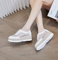 AIYKAZYSDL Lovely Lolita Patchwork Mesh Net Oxford Loafers Platform Wedge Heel Thick Sole Bottom Boat Casual Shoes Women Flats