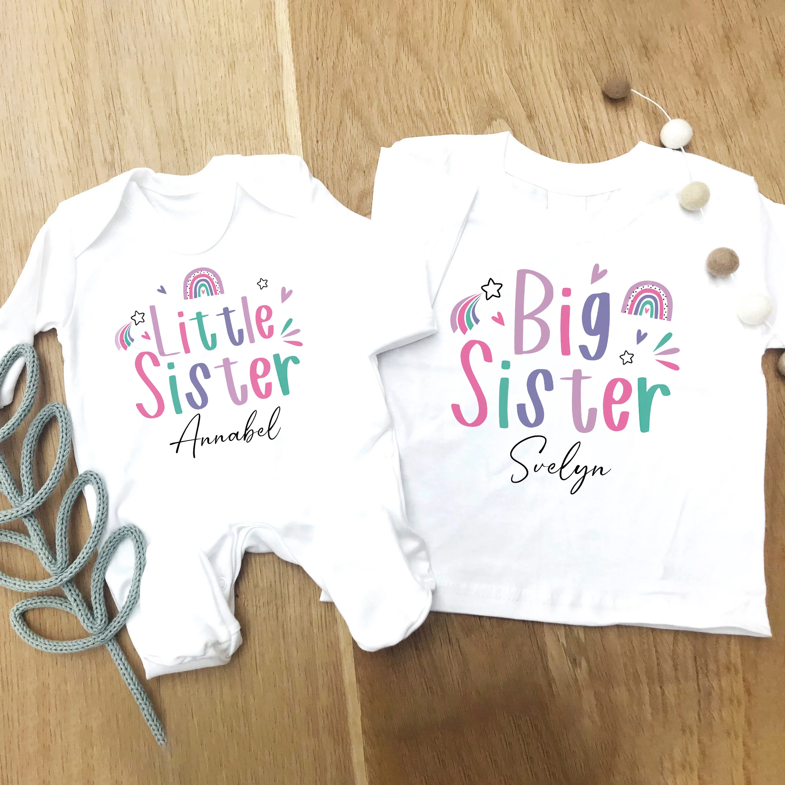 Personliazed Big Sister Little Sister Matching Shirts Custom Name Sisters T-shirt  Tee Baby Romper Hospital Coming Home Clothes