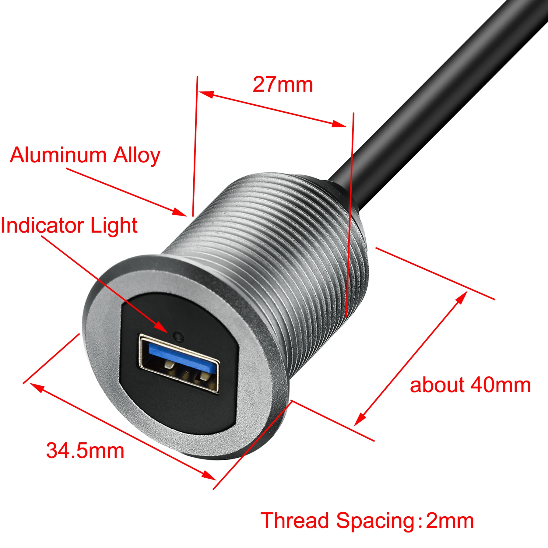 Bochara 1m USB3.0 ذكر إلى أنثى فلوش جبل لوحة تمديد كابل مع مؤشر ضوء مقشر سبائك الألومنيوم للسيارة