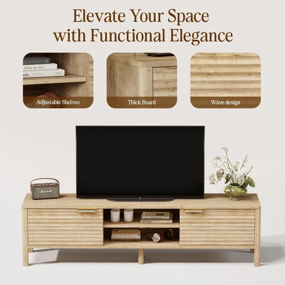 حامل تلفزيون حديث من منتصف القرن لغرفة المعيشة: أرفف تخزين وأرفف قابلة للتعديل لمركز الترفيه لأجهزة التلفاز مقاس 65 بوصة