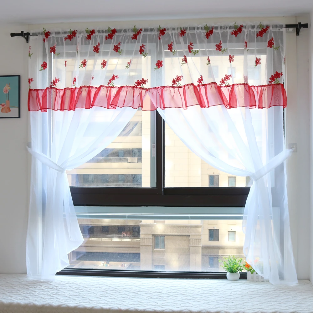 Red Embroideried Floral Doris Gauze Splicing White Voile Style, Sheer Window Curtains for Bedroom Livingroom, 1Set