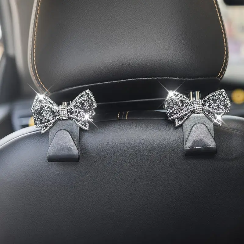 Car Headrest Hooks Shiny Rhinestone Bow Ornament Super Load Bearing Sturdy Universal Auto Hangers for Groceries Handbags Clothes