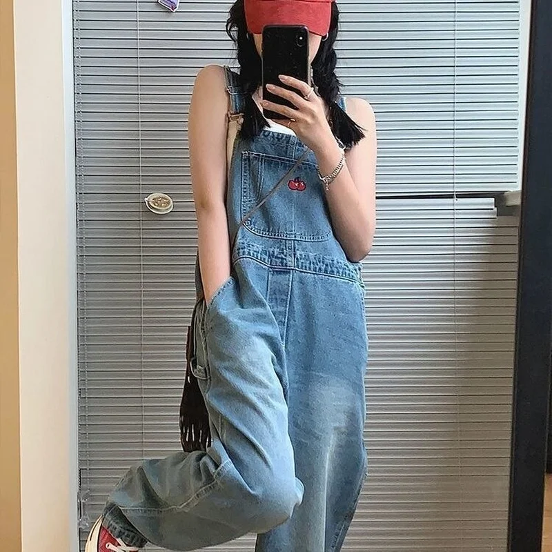 Cherry Embroidered Jean Jumpsuits Women New Vintage Baggy Denim Overalls High Street Straight Loose Wide-leg Pants Female