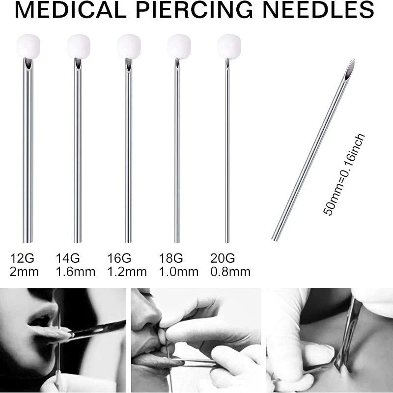Disposable Sterile Stainless Steel Hollow Piercing Needles for Ear Nose Septum Belly Tongue Eyebrow Nipple Lip Piercing
