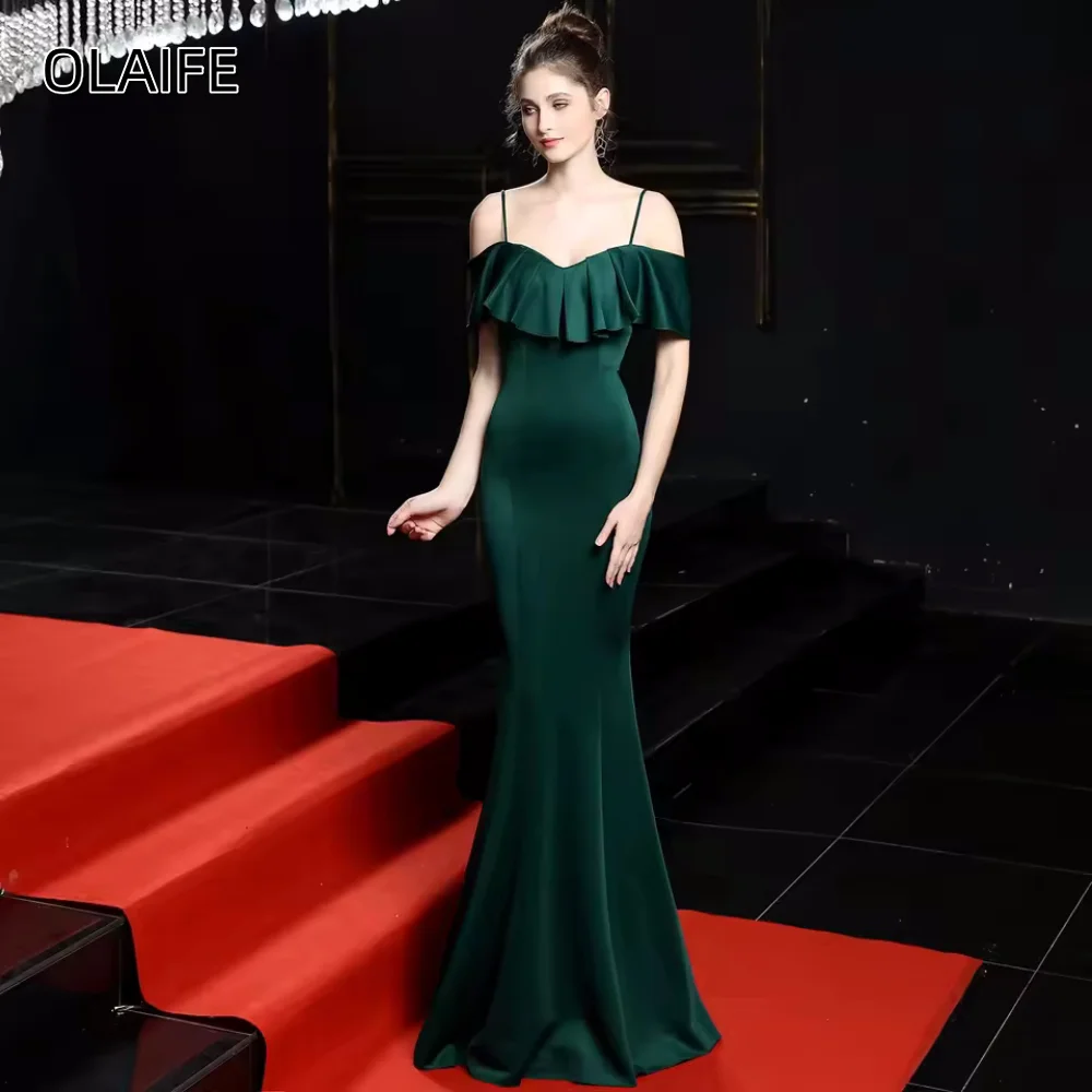 

Elegant Satin Spaghetti Straps Prom Dress Mermaid Customized Sleeveless Elegant Gown Zipper Sweep Train فساتين للمناسبات الخاصة