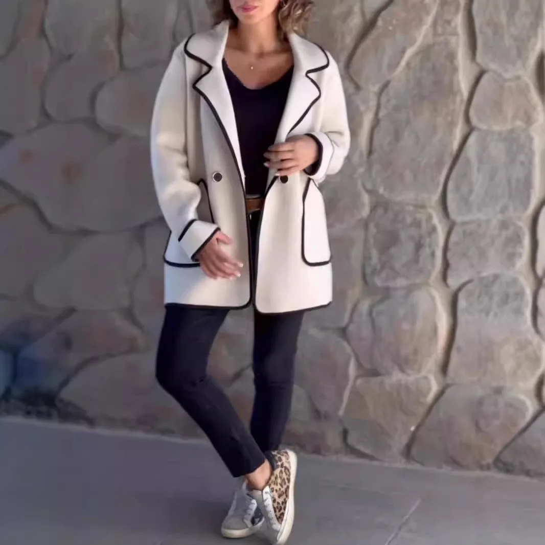 

Женский шерстяной кардиган, пальто, сращенные смешанные куртки, воротник с лацканами, длинные рукава, свободный крой на одной пуговице, офисная женская повседневная осень 2023 г.