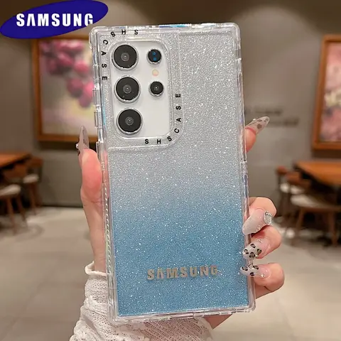 3 in 1 Clear Gradient Glitter Case Samsung Galaxy S25 S24 S23 S22 Ultra Plus S23 FE A54 A34 A25 A24 A15 Full Logo Protect Cover