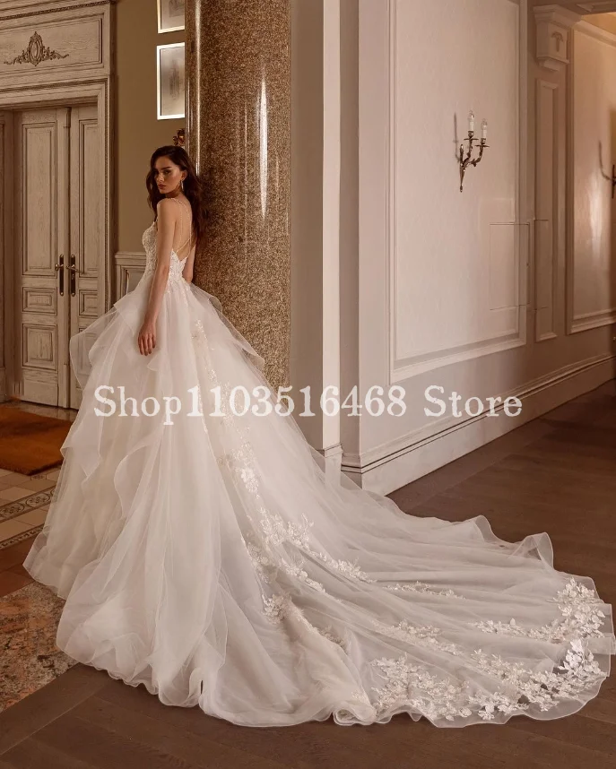 Vestido de novia largo de lujo con tirantes finos, traje Sexy de hilo bordado con volantes de encaje personalizados, color blanco, 2024