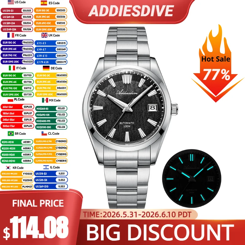 

ADDIESDIVE Top Brand Automatic Watch For Men Sapphire Glass Unique Bark Texture Waterproof Luminous Mechanical Watch New AD2075