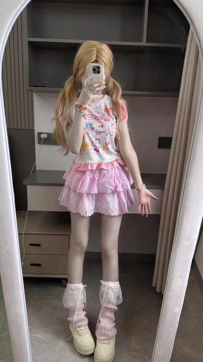 

Cute Cartoon Print ort Sve T-irt Women's Summer Top Daughter's Clothing round Ne ort Length Other Material Y2K Mez...