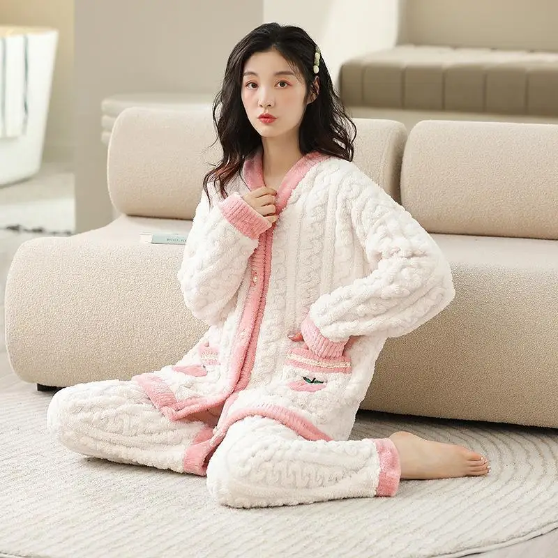 V-neck Honey Peach Two Piece Sleepwear Comfortable Cotton Fur Home Women's Long Sleeve Pants Autumn And Winter New Thickened