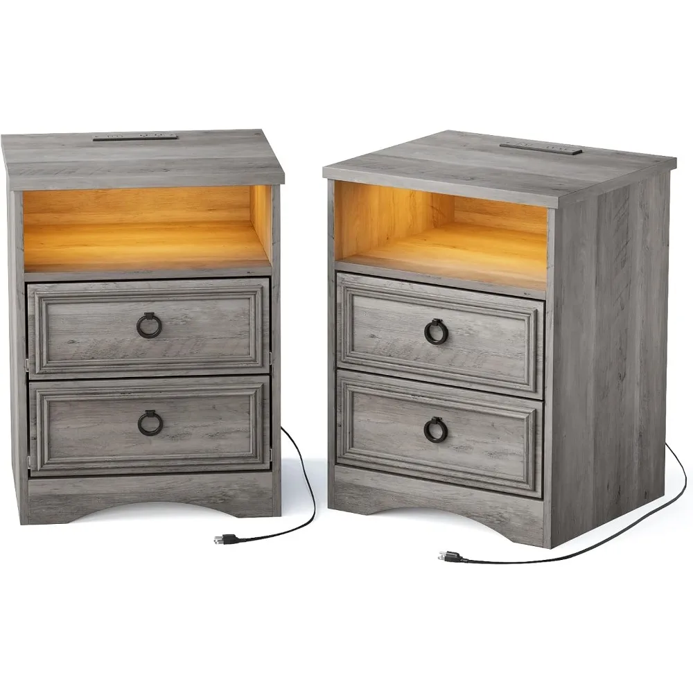 

Night Stand Set of 2, Nightstands with LED Light Charger Station, End Table Bedside Table with Wood Drawers, for Living Room, Be