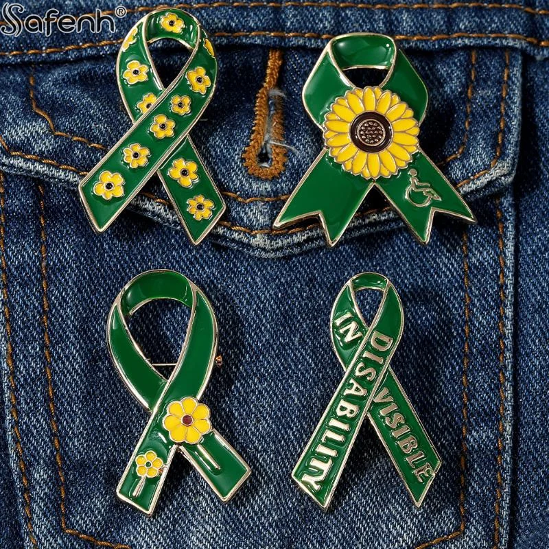 Spring/Autumn/Winter Sunflower Pattern Red Ribbon Theme Lapel Pin Green Disability In Visible Enamel Brooche For Disabled Person