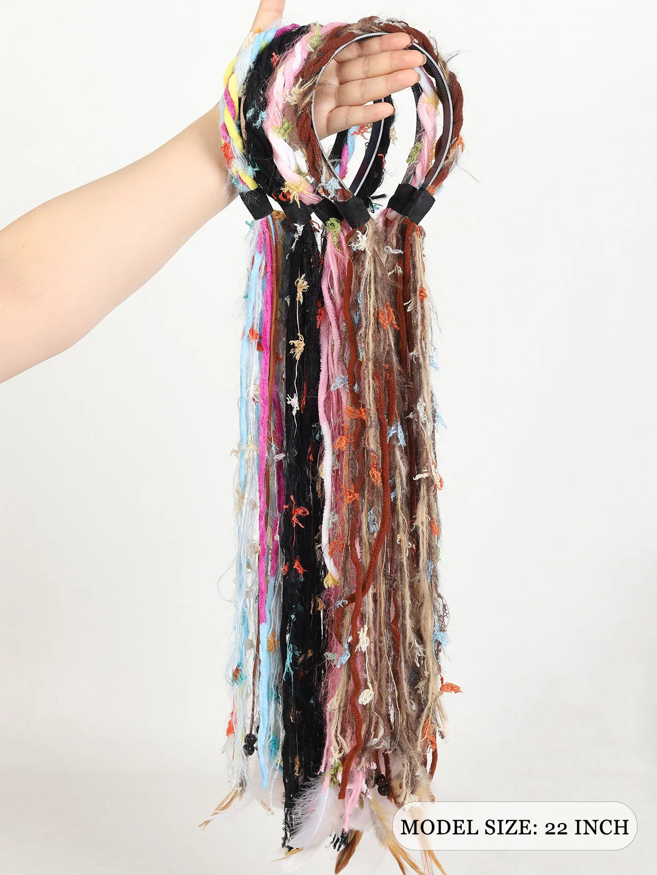 LM Boho Feather Tassel Dreadlock Headband Handmade Braided Wool Dreads Hair Wig For Women Festival Rave Cosplay Gypsy Style