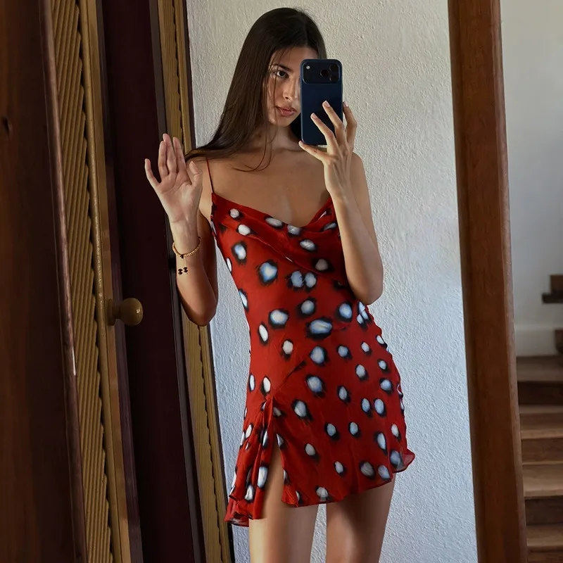 

Ticketsx Red Print Dress Fashion Contrast Sleeveless Backless Slim Sexy Dress Vintage Elegant Luxurious Y2k Party Women's Dress