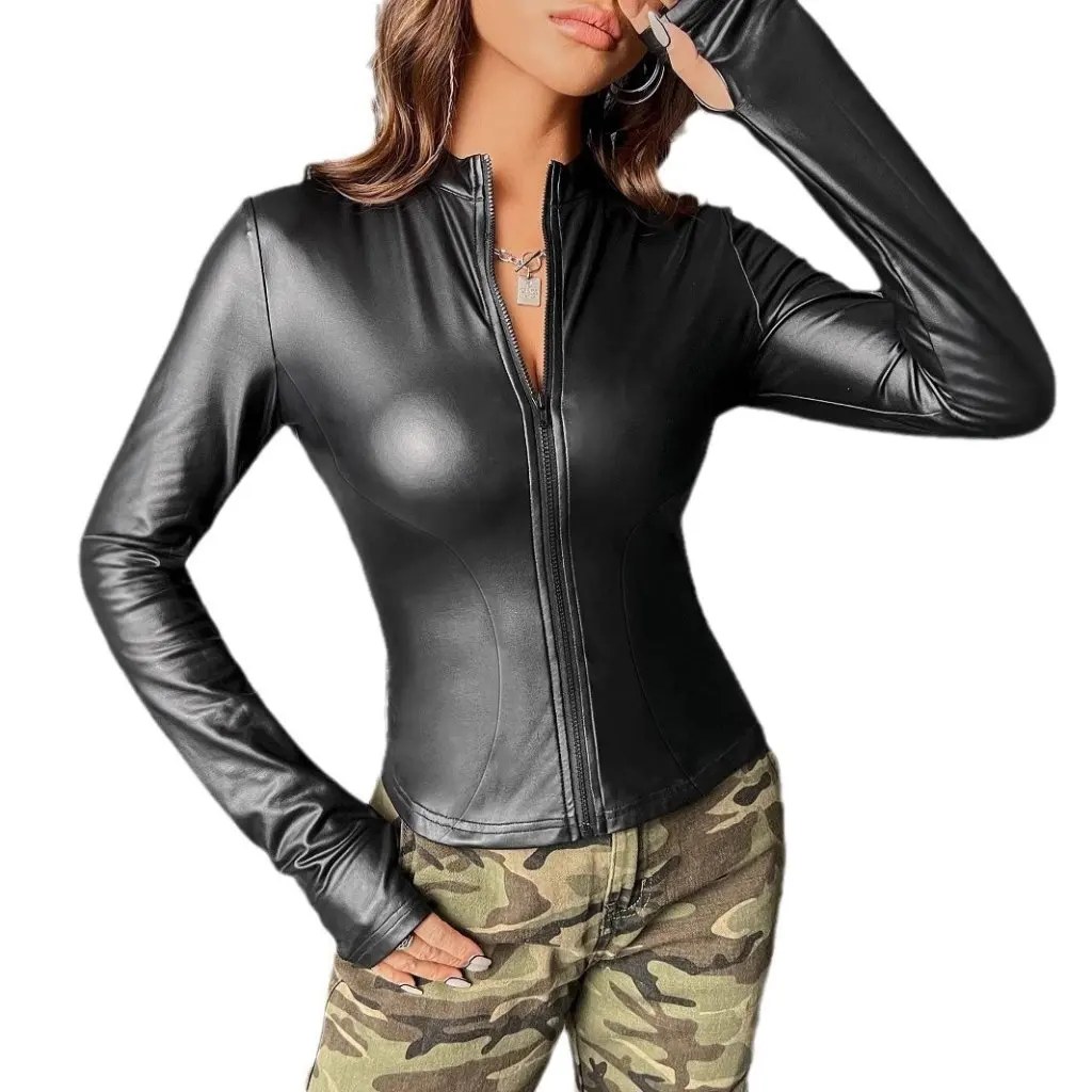 

Женский облегающий кожаный топ с длинными рукавами в модном европейском и американском стиле