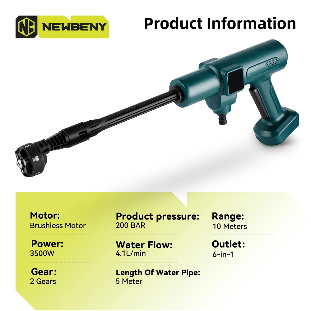 NEWBENY 200Bar Brushless High Pressure Car Washer Gun 6 IN 1 Electric Garden Washing Water Wash Spray Gun for Makita 18V Battery