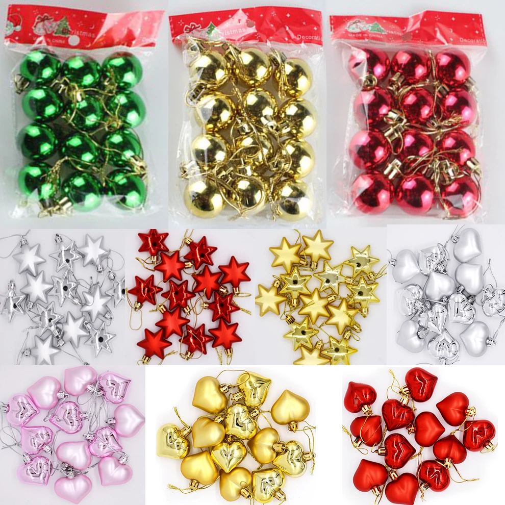 12Pcs Christmas Balls Xmas Tree Hanging Ornaments Ball Heart Stars Gold Red Pendants Merry Christmas Party Decor 2023 New Year