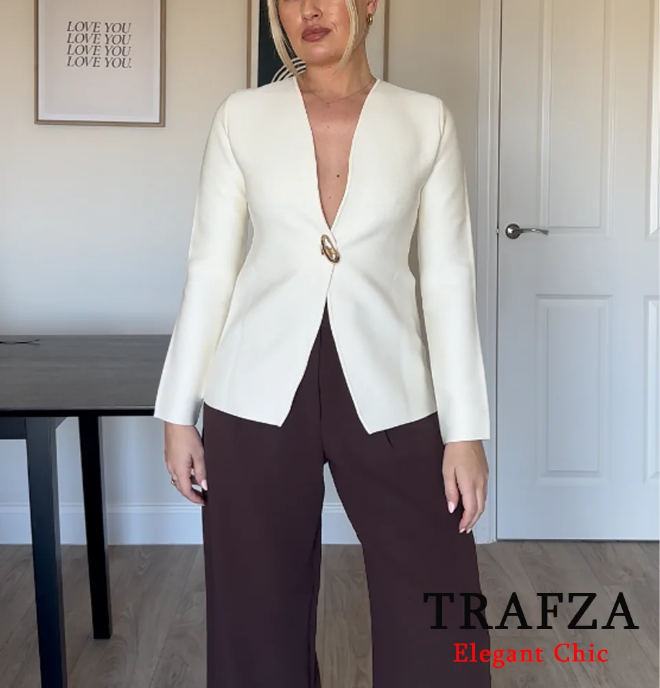 

TRAFZA-Women Elegant Knit Jacket Single Button V-Neck Beige Cardigan New 2025 Spring Fashion Romantic High Street Casual Jacket