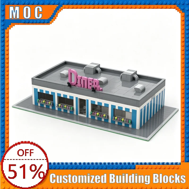 

1286 Parts City Street Diner Restaurant Model Custom Creative Building Blocks DIY Assembly Educational Toy Gifts For Collection