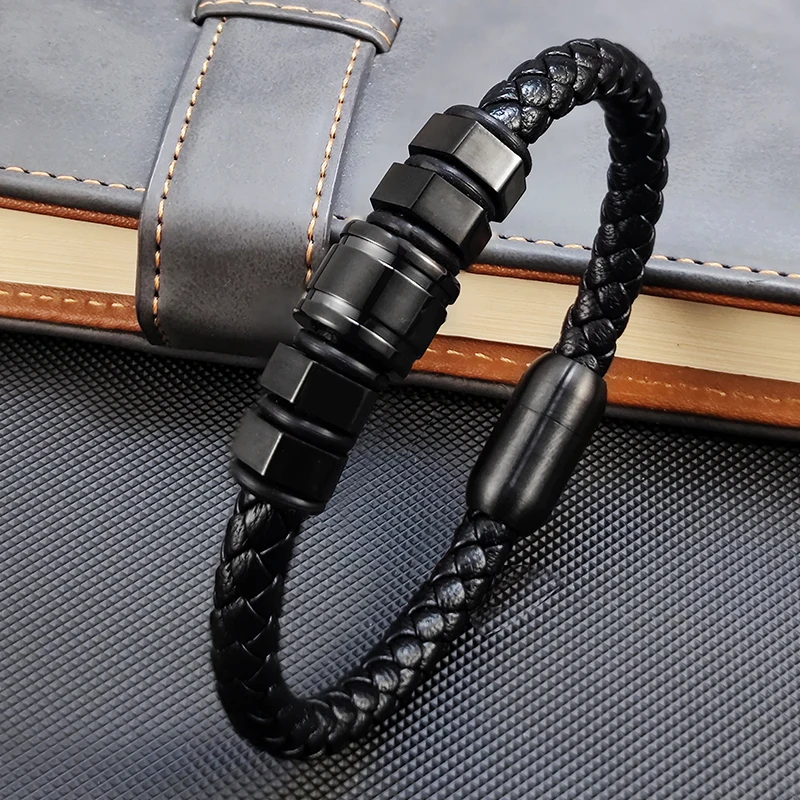Luxury Simplicity Stainless Steel Hexagonal Shape Men\'s Leather Woven Bracelet Punk Style Men\'s Jewelry Gift Bracelet Homme