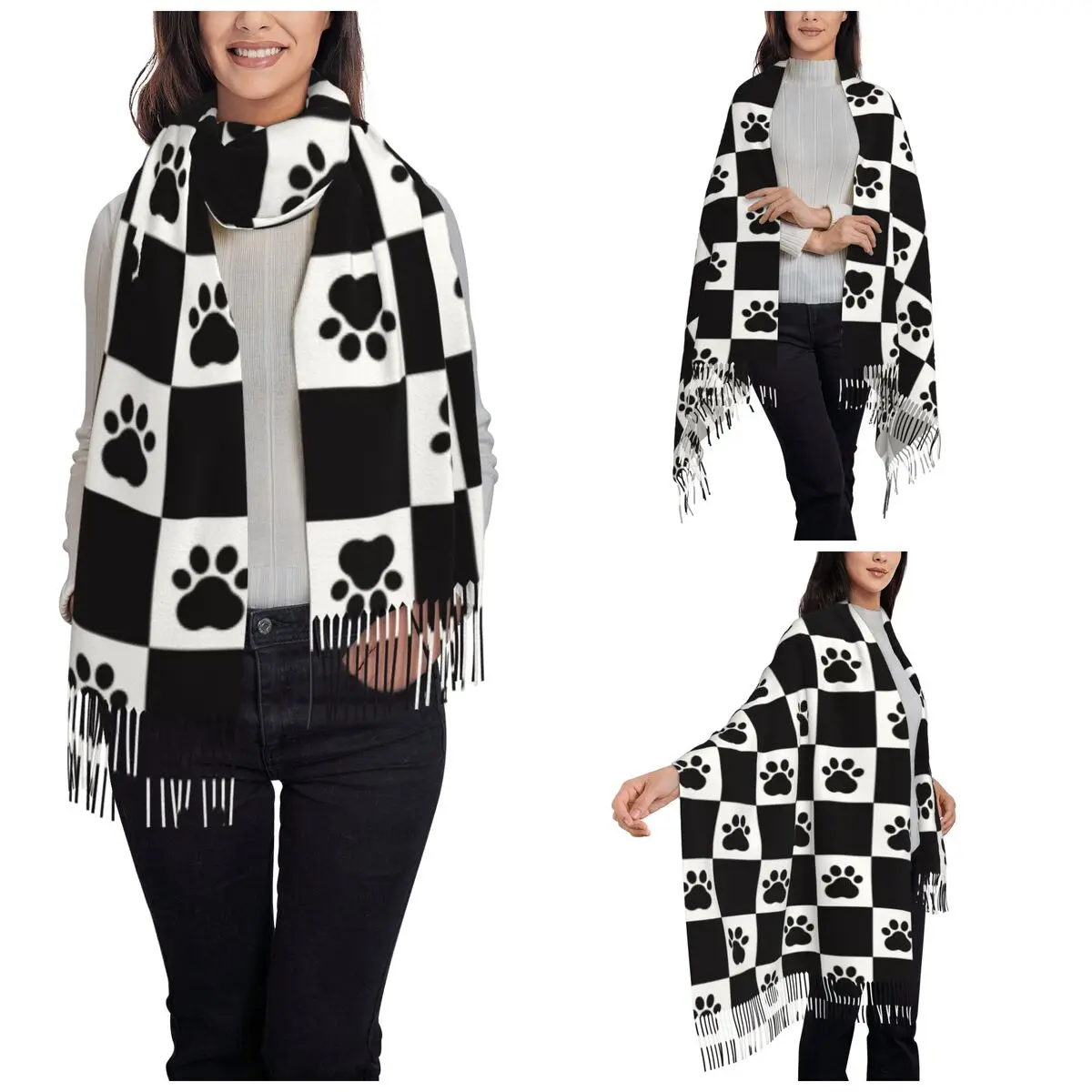 Dog Cat Paw Puppy Foot Print Shawls Wraps for Womens Winter Warm Long Soft Scarf Neckerchief Tassel Scarves