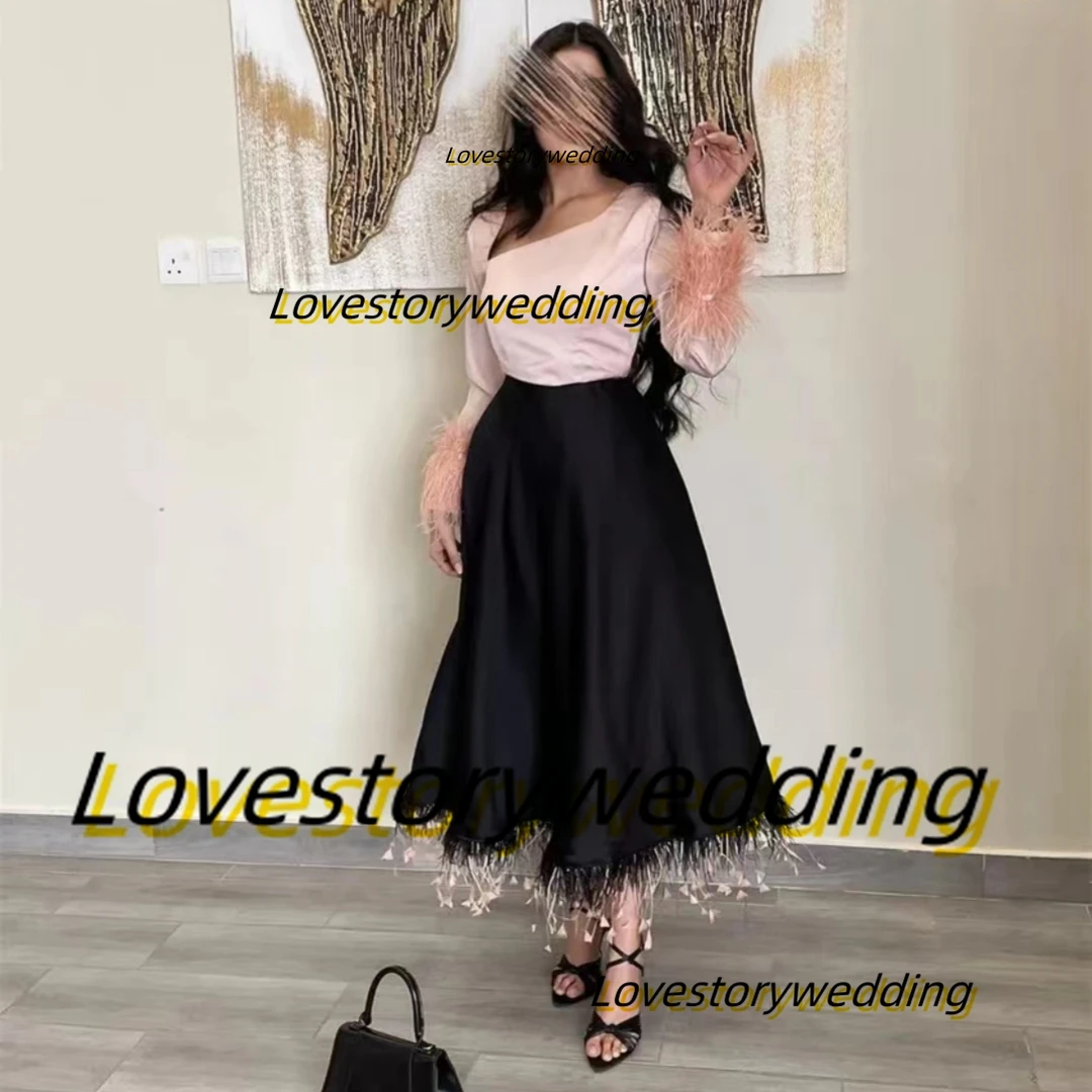 

Lovestory A Line Prom Dresses Long Sleeves Feathers Homecoming Party Special Occasion Dress Zipper Back Graduation Gowns