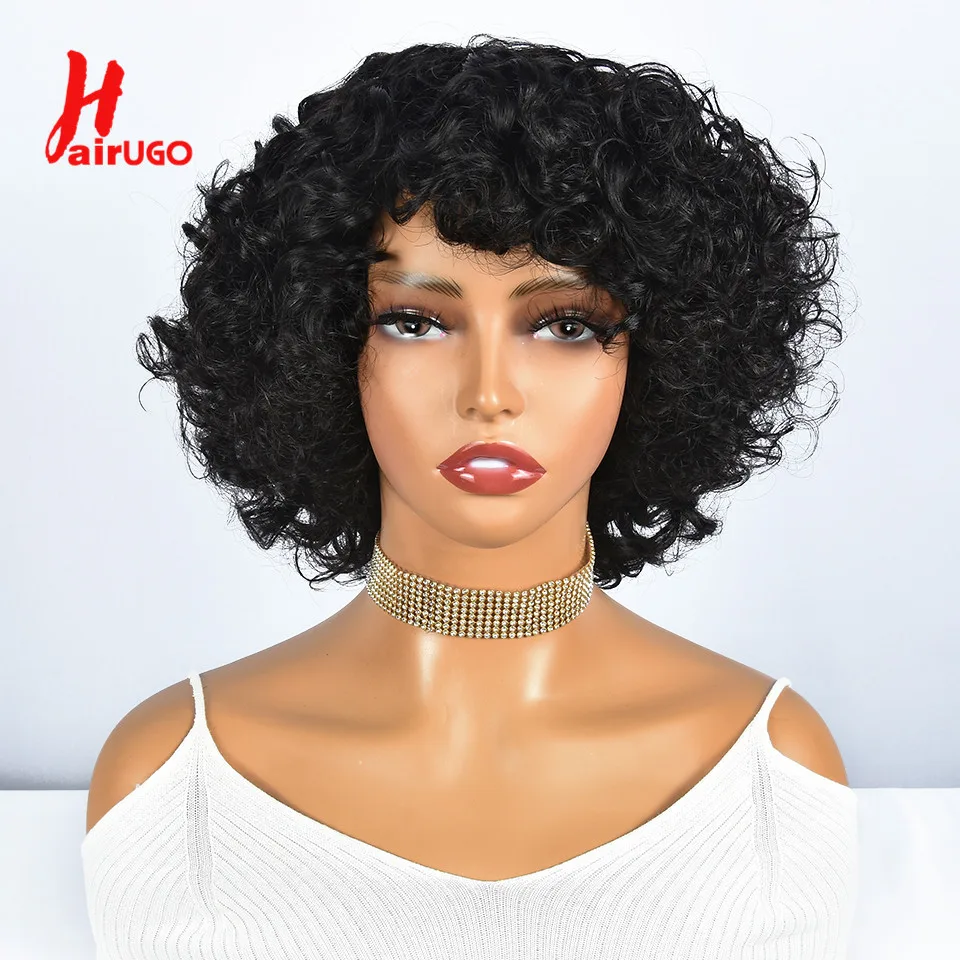 Highlight Lockige Pixie-Cut-Perücken aus Echthaar, Kleberlose Perücken mit Pony, Vollständig maschinell gefertigte Perücken mit Pony, Echthaarperücken Hairugo – Detail 14