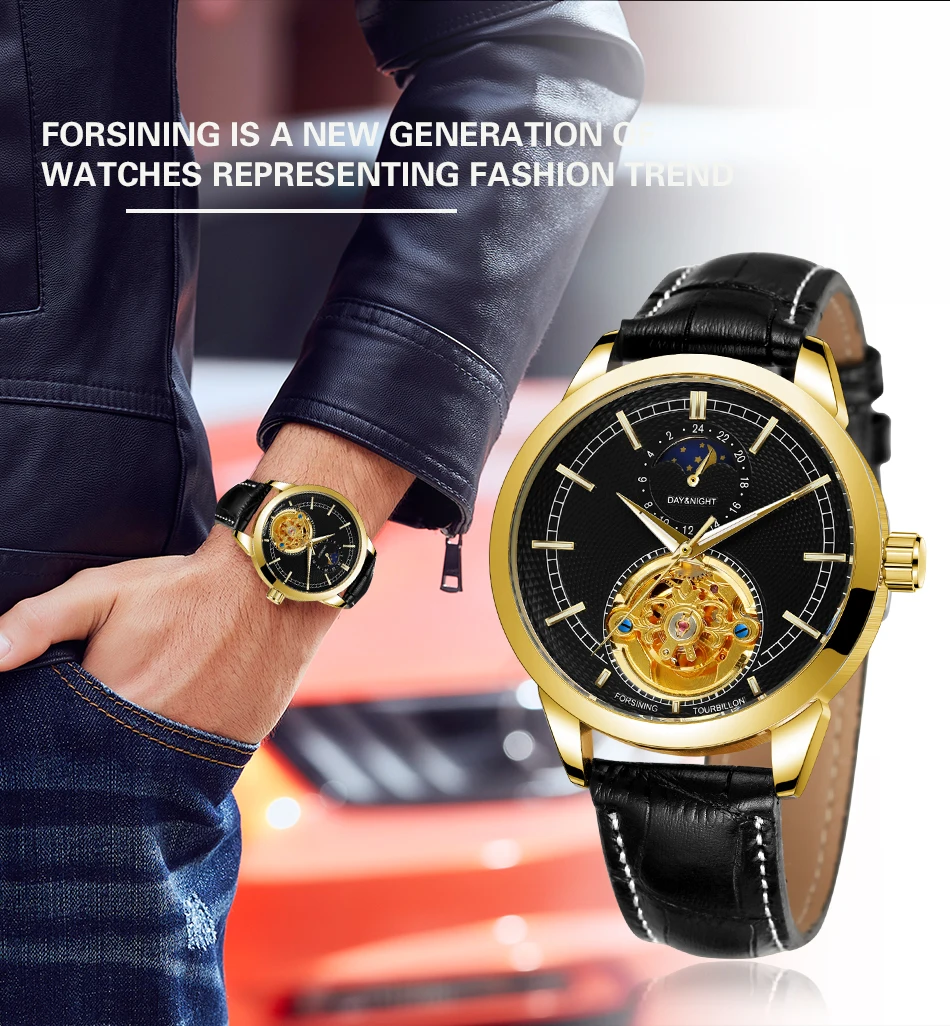 Fashion Forsining Top Brand Hollow Tourbillon Pin Scale Full Automatic Mechanical Man Business Leather Belt Moon Phase Watch