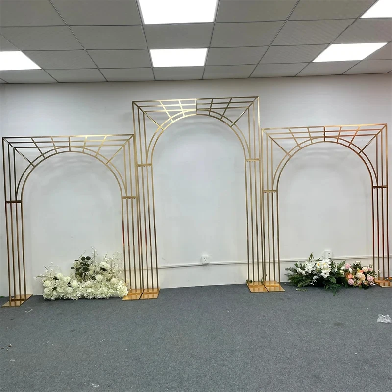 3 Stücke Hochzeitsbogen mit glänzender Goldlinie, mehrstöckiger Hintergrundrahmen, Hochzeitsblumenrahmen, Schleier-Stützrahmen – Detail 2