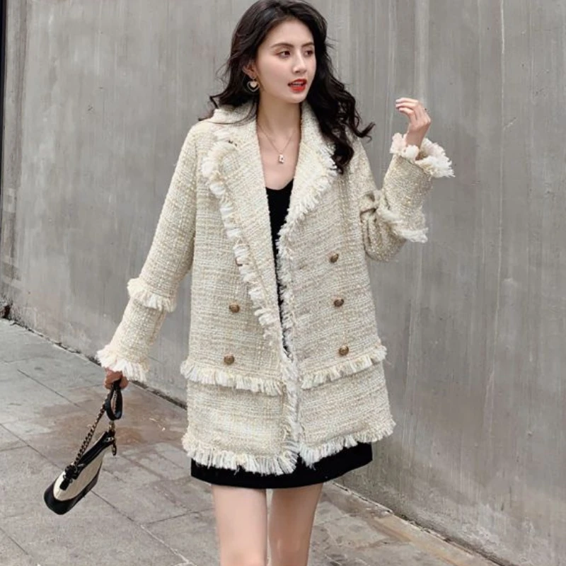 Fashion Spring Autumn Korean Suit Women's Tweed Jacket Double-breasted Blazer Design Coat Tassels Lapel Long Sleeve Coat Tops