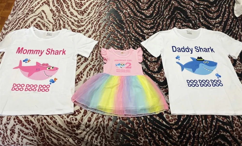 Baby Girl Clothes 1st 2nd 3rd 4th Birthday Dress Cartoon Shark Cute Princess Vestidos Toddler Girls Rainbow Mesh Party Dresses