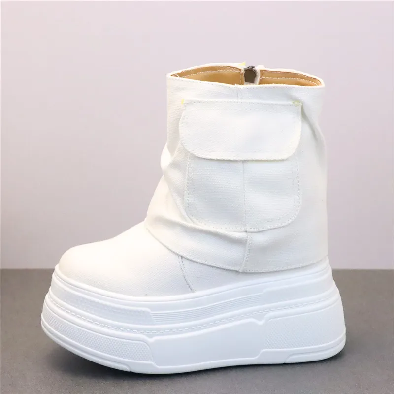 حذاء قماش أبيض عالي القطع للنساء بكعب مخفي 12 سم، حذاء قصير كاجوال للطلاب بتصميم عصري