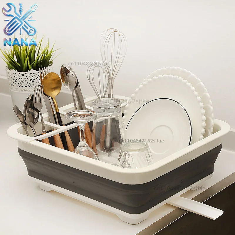 Foldable Dish Rack Kitchen Drainer Tool Bowl Tableware Plate Storage Organizer Holder Portable Fold Drying Home TPR Rack Shelf